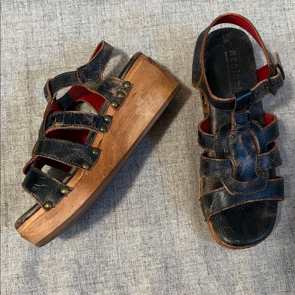 BED|STU Fabiola Black Lux Leather Wooden Wedge Sandal - Picture 1 of 10